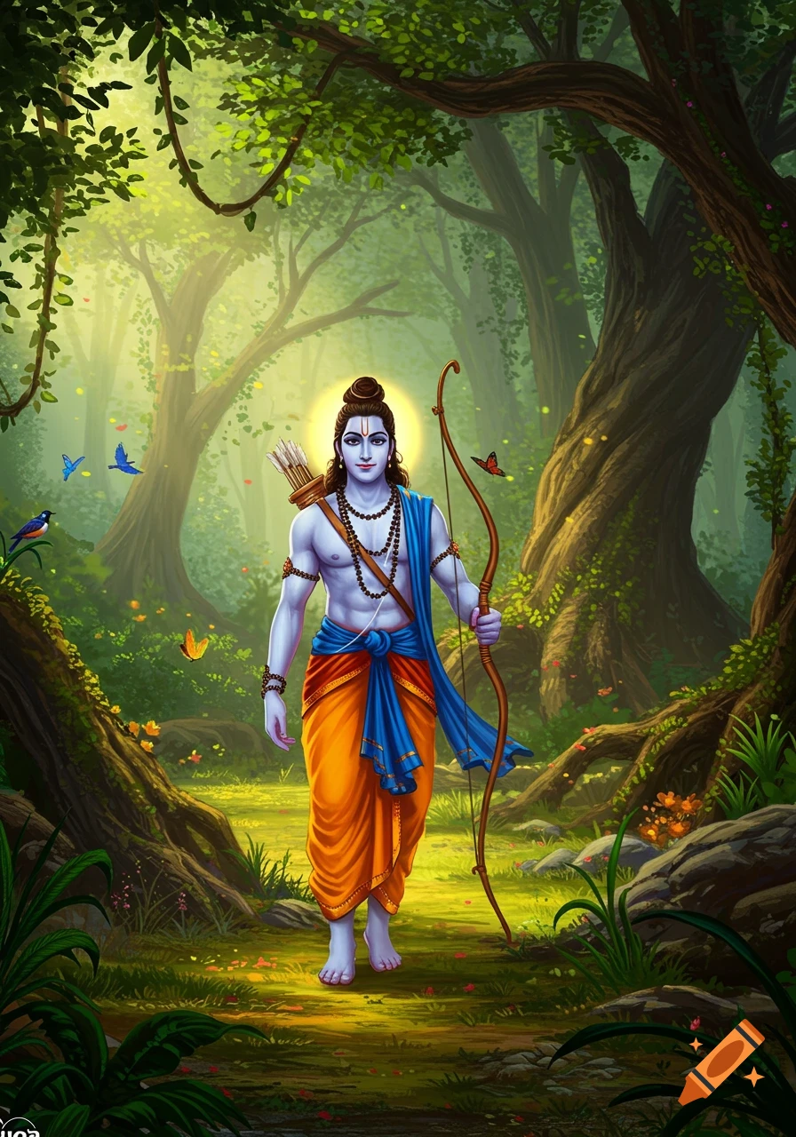 Animated Lord Rama with blue skin and orange and blue robes walks through a bright green forest with a bow and arrows.