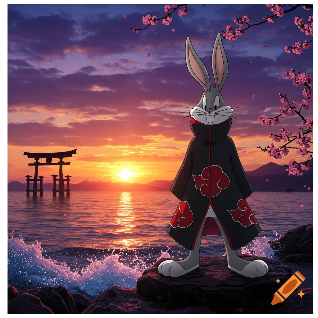 Bugs Bunny in an Akatsuki cloak stands on rocks by a Japanese torii gate and cherry blossoms at a vibrant sunset.