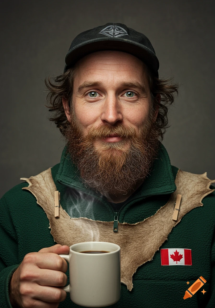 A close-up portrait of a rugged man with a beard and messy hair, wearing a green fleece jacket with a Canadian flag patch and moose hide, holding a steaming coffee cup. He smiles directly at the camera.