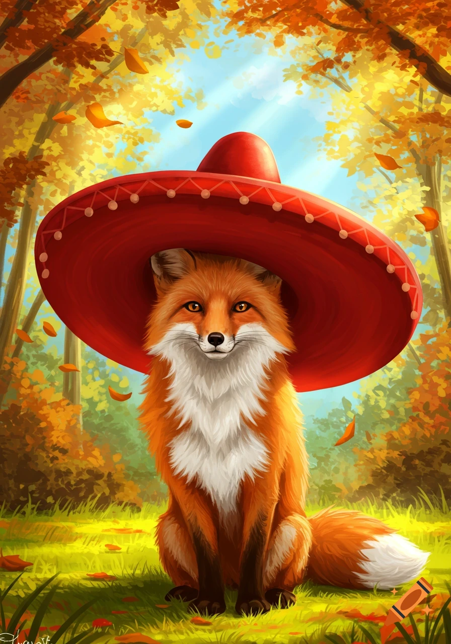 A cute fox wearing a large red sombrero sits in an autumn forest with falling leaves, illustration.