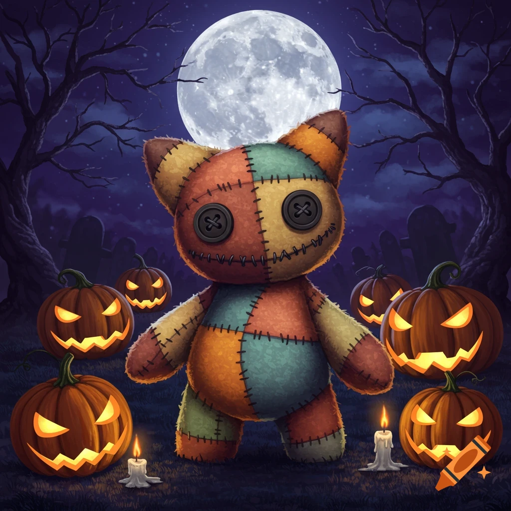 A cute, spooky patchwork creature with button eyes stands among glowing jack-o'-lanterns in a graveyard under a full moon.