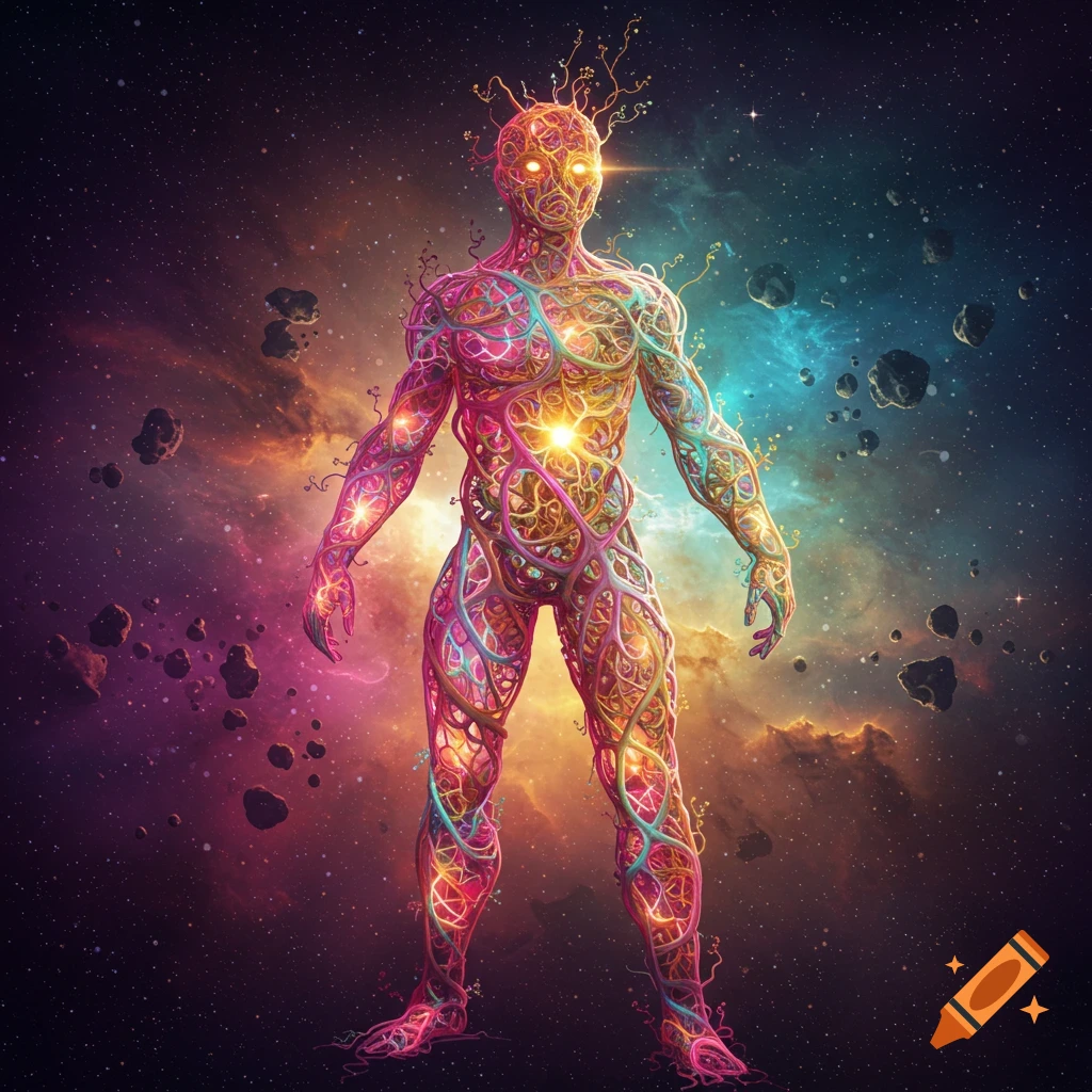 Vibrant, abstract human-like figure made of glowing, colorful tendrils standing in a cosmic nebula filled with asteroids.