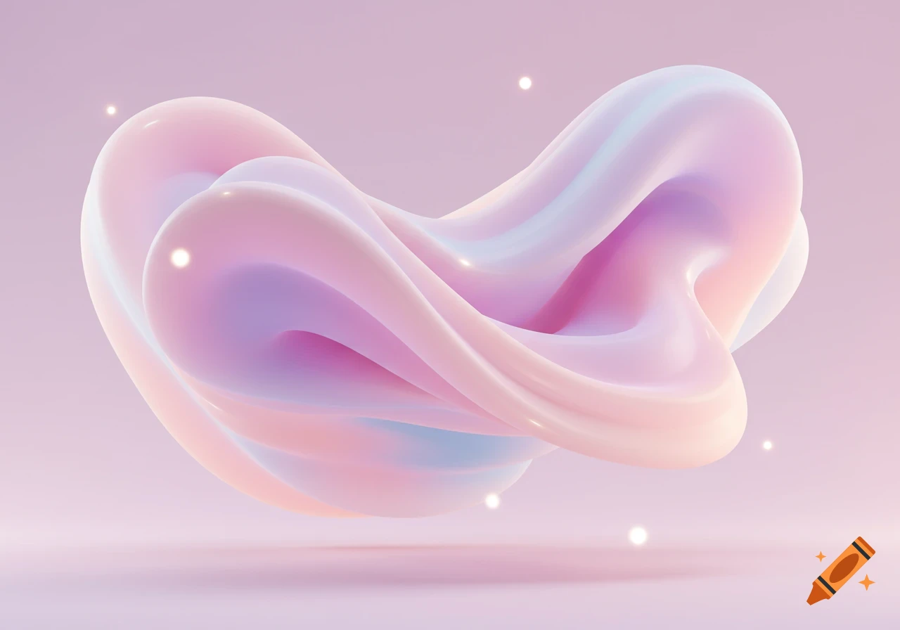 Glossy, abstract pastel form in pink, blue, and purple hues, with glowing particles, floating on a soft pink background.