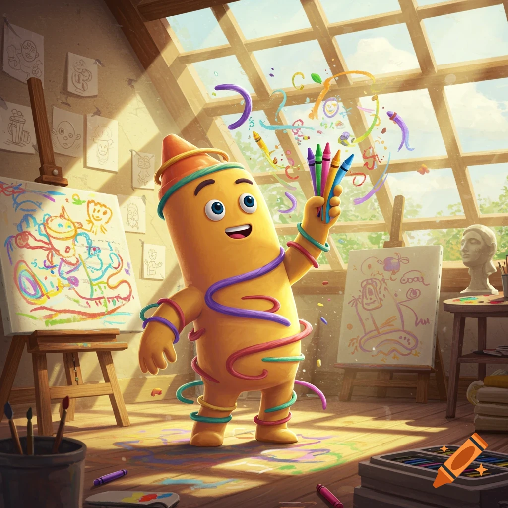 A cheerful yellow crayon cartoon character holds colorful crayons, standing in a sunlit art studio with drawings on easels and walls.