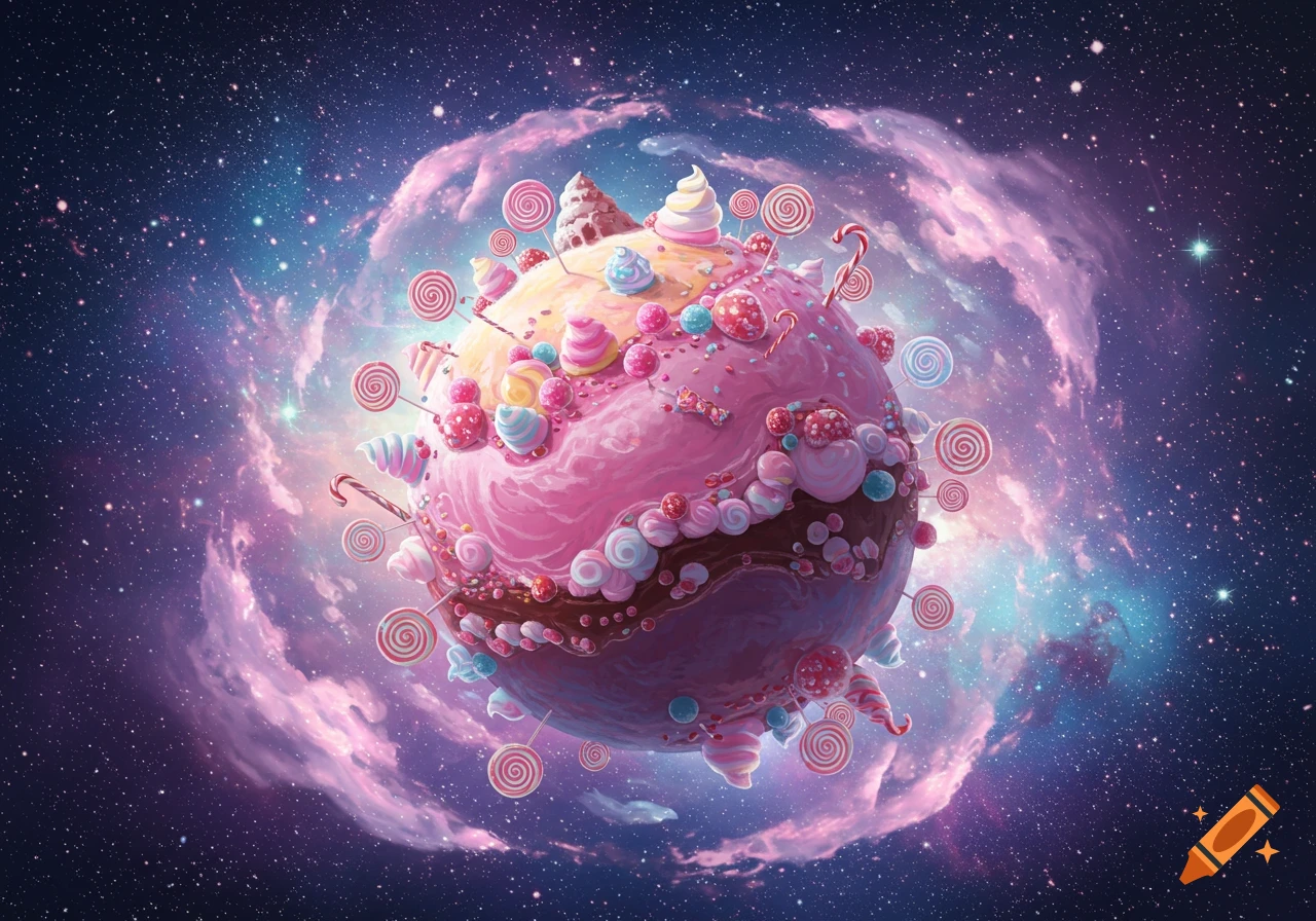 A whimsical planet made of pink frosting and candies, with lollipops and sprinkles, floating in a colorful starry nebula.