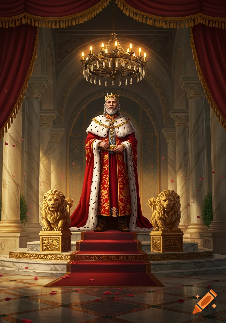 An old king in a red and white fur-trimmed robe and golden crown stands on a red carpet in a grand, opulent hall with lion statues and a chandelier.