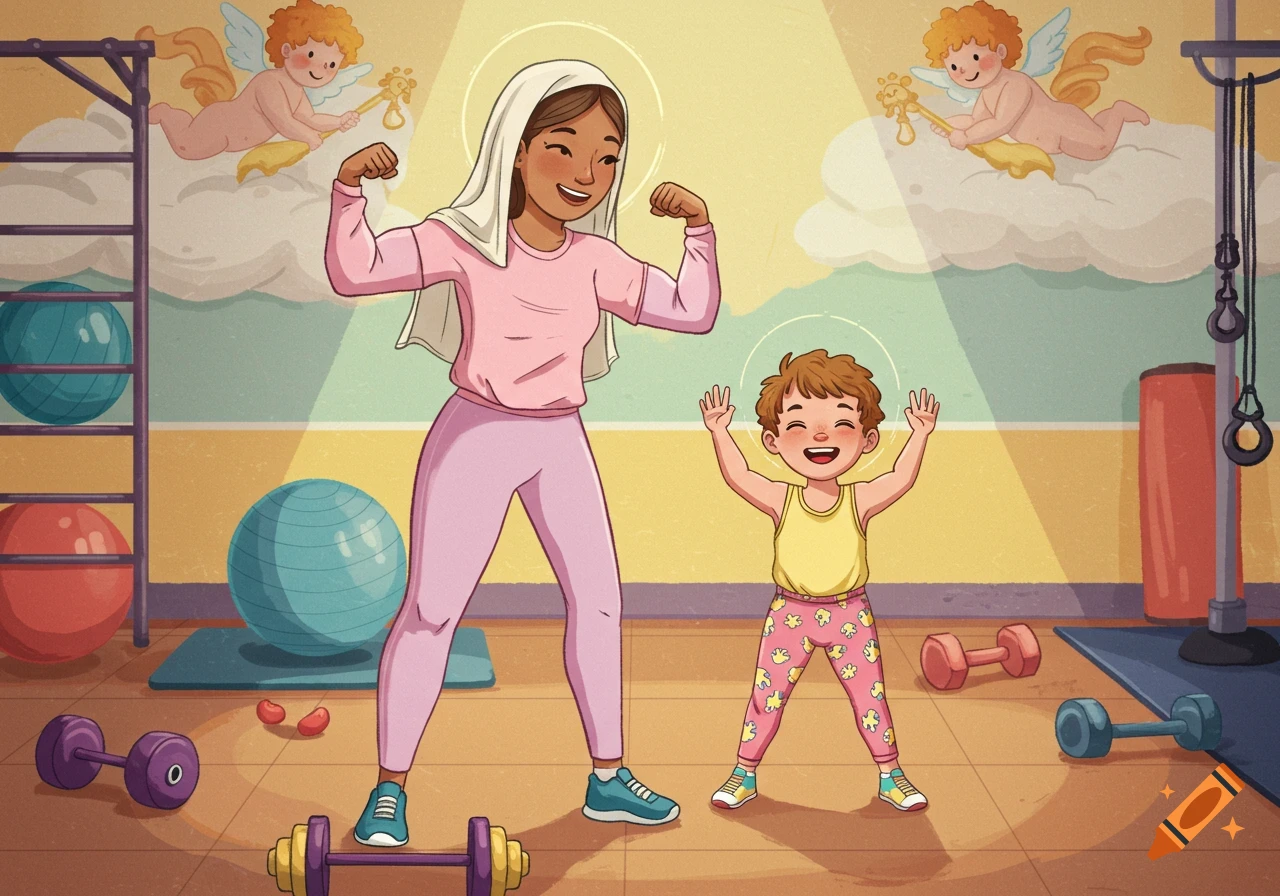 A kids' illustration of a smiling woman in a head covering and a young boy flexing muscles in a gym, with cherubs flying above.