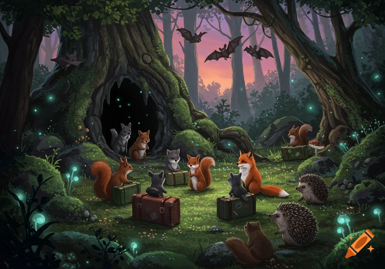 Whimsical illustration of forest animals (foxes, squirrels, hedgehogs, bats) with suitcases by a glowing cave at sunset.