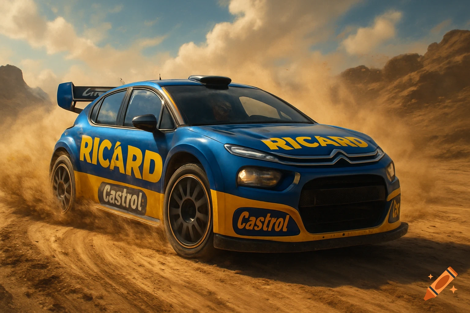 A blue and yellow Ricard and Castrol sponsored rally car speeds on a dusty dirt track through a desert landscape.