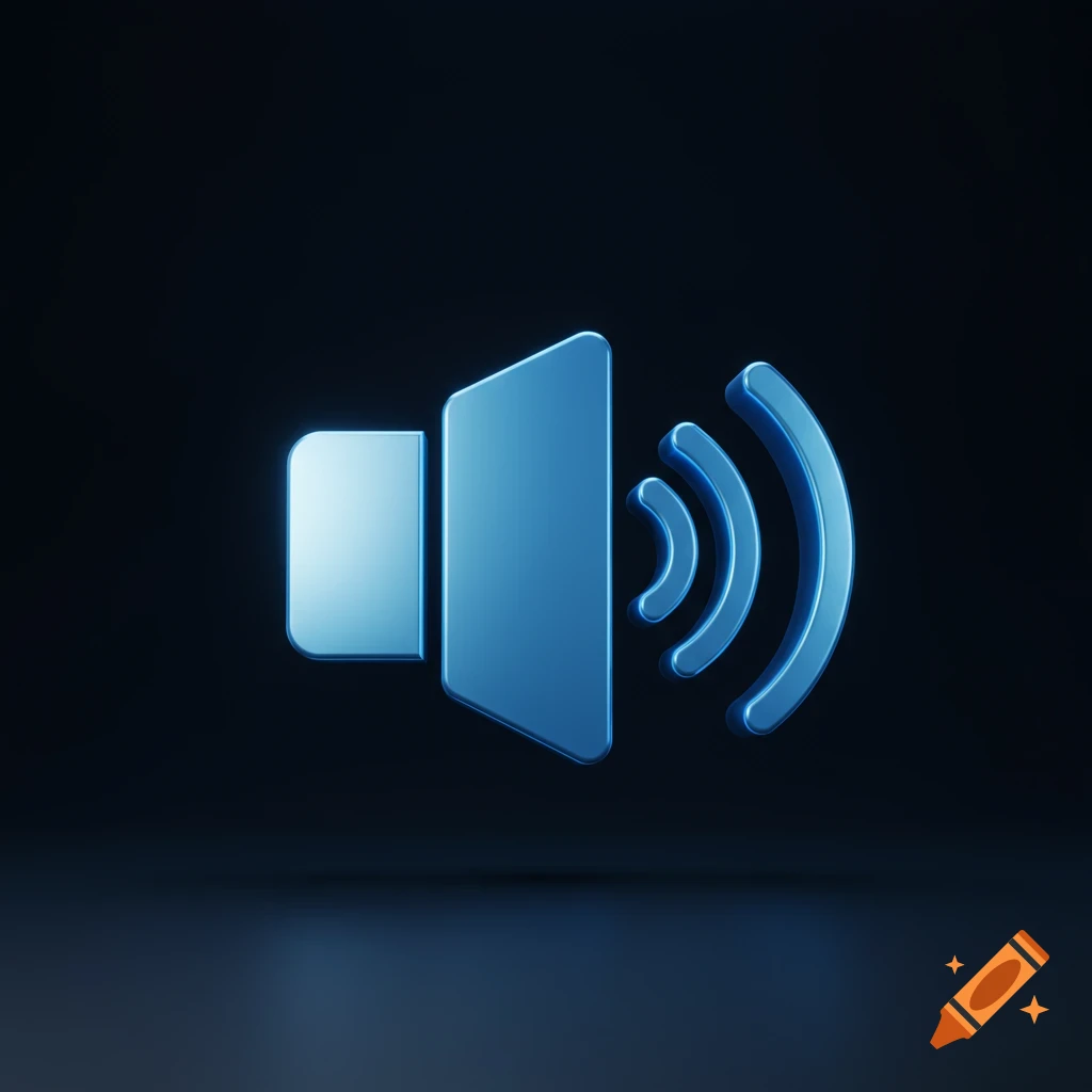 A shiny blue 3D sound icon with sound waves emanating from it, on a dark background.