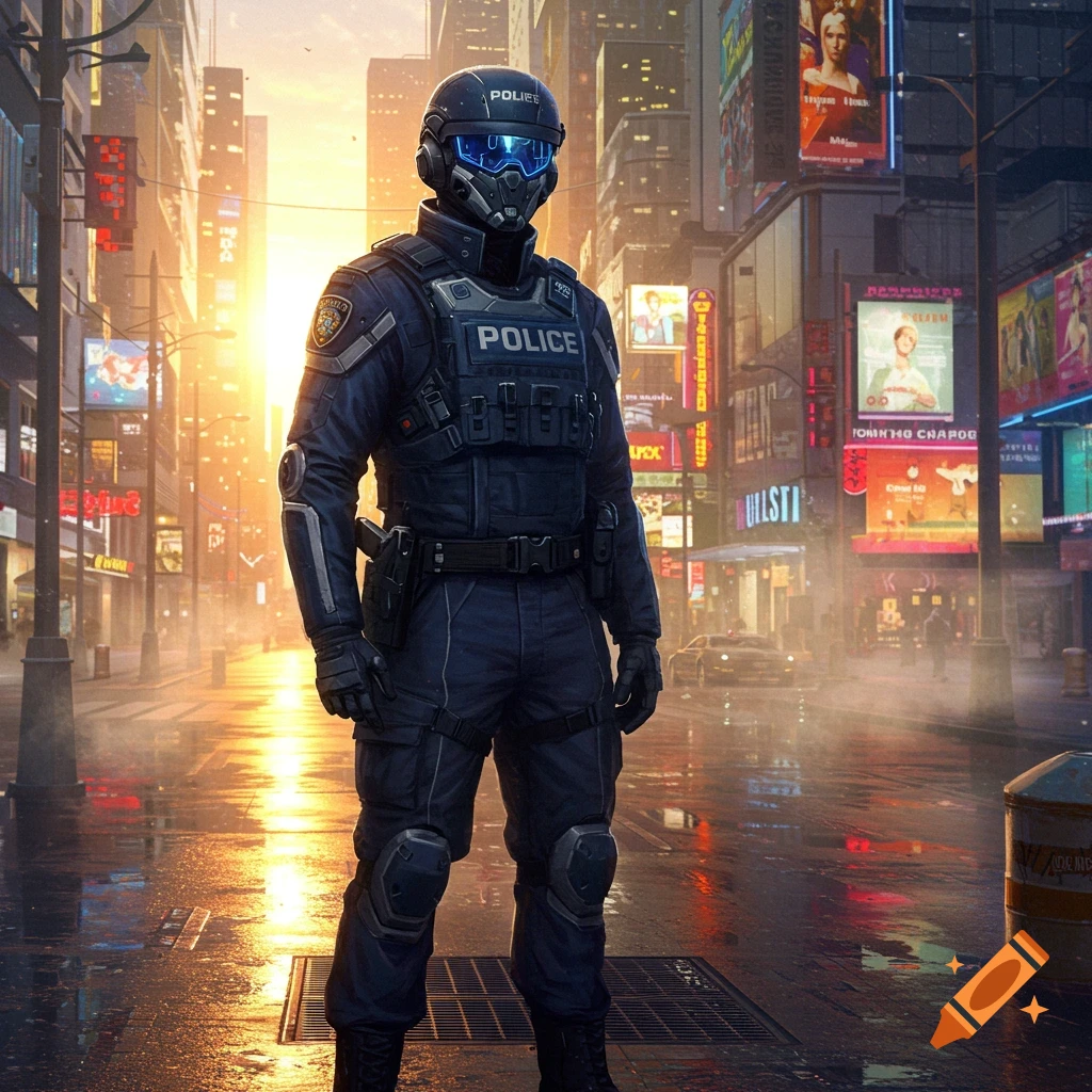 A futuristic police officer in full armor stands in a neon-lit city street at sunset, with tall buildings and holographic billboards in the background.