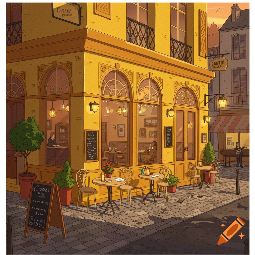 An illustrated Parisian cafe with outdoor seating and a warm, golden glow. People are visible inside and outside the cafe.