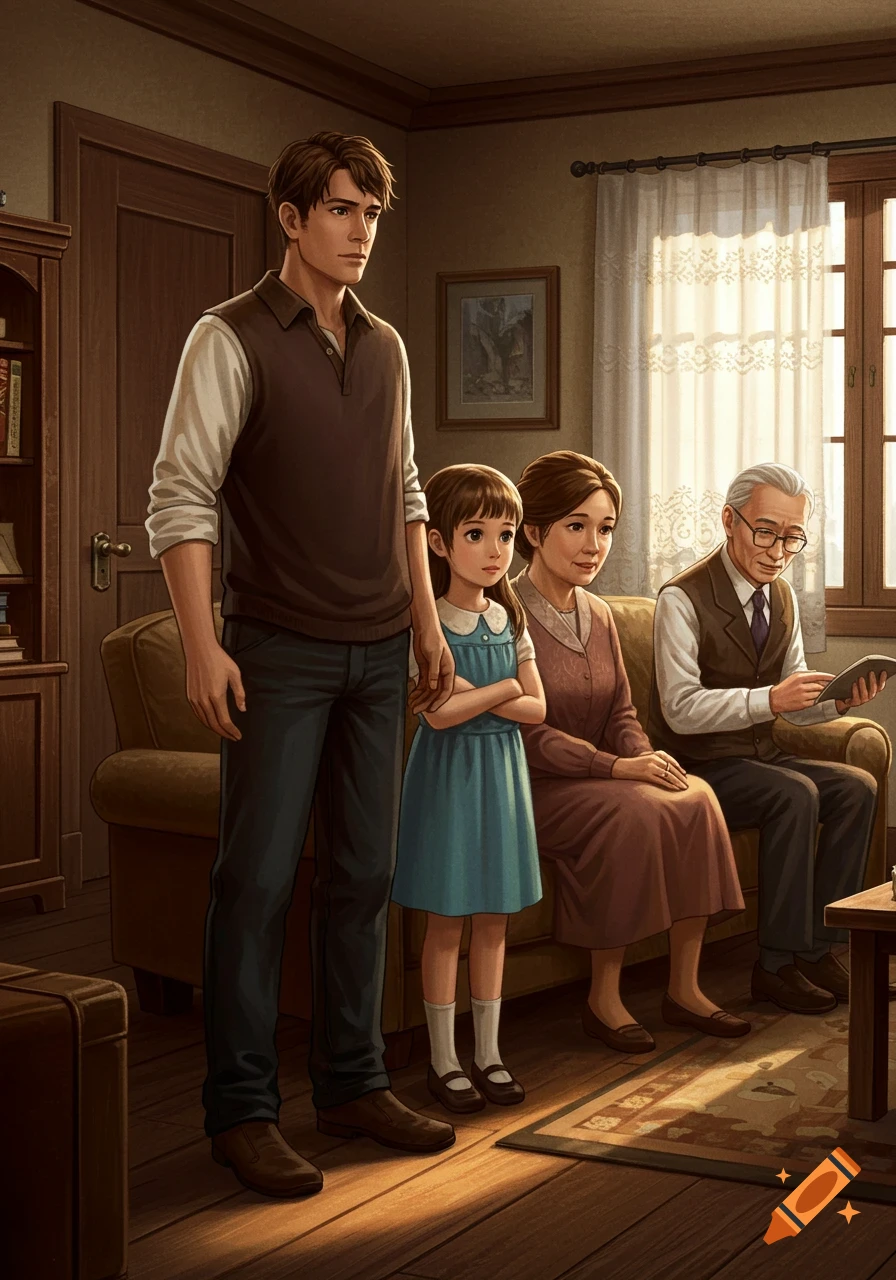 Illustrated family scene: a man holds a girl's hand while a woman and an elderly man with a tablet sit on a couch in a sunlit room.