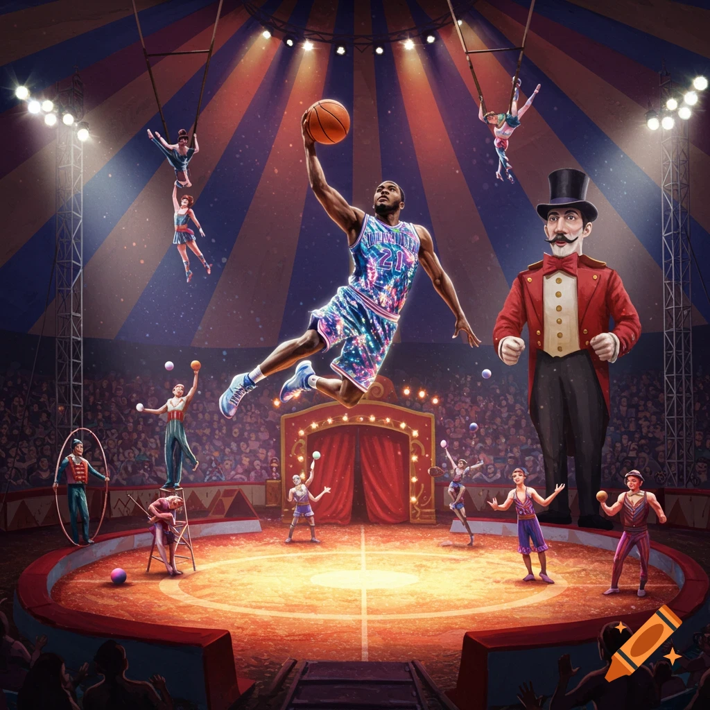 A basketball player in a colorful jersey dunks a basketball in a stylized circus tent, surrounded by a ringmaster, acrobats, and a large audience.