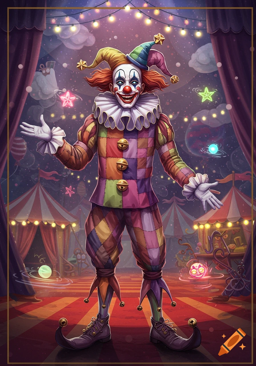 A cheerful clown in a colorful patchwork suit, ruffled collar, and pointy hat stands in a whimsical circus setting with glowing elements.