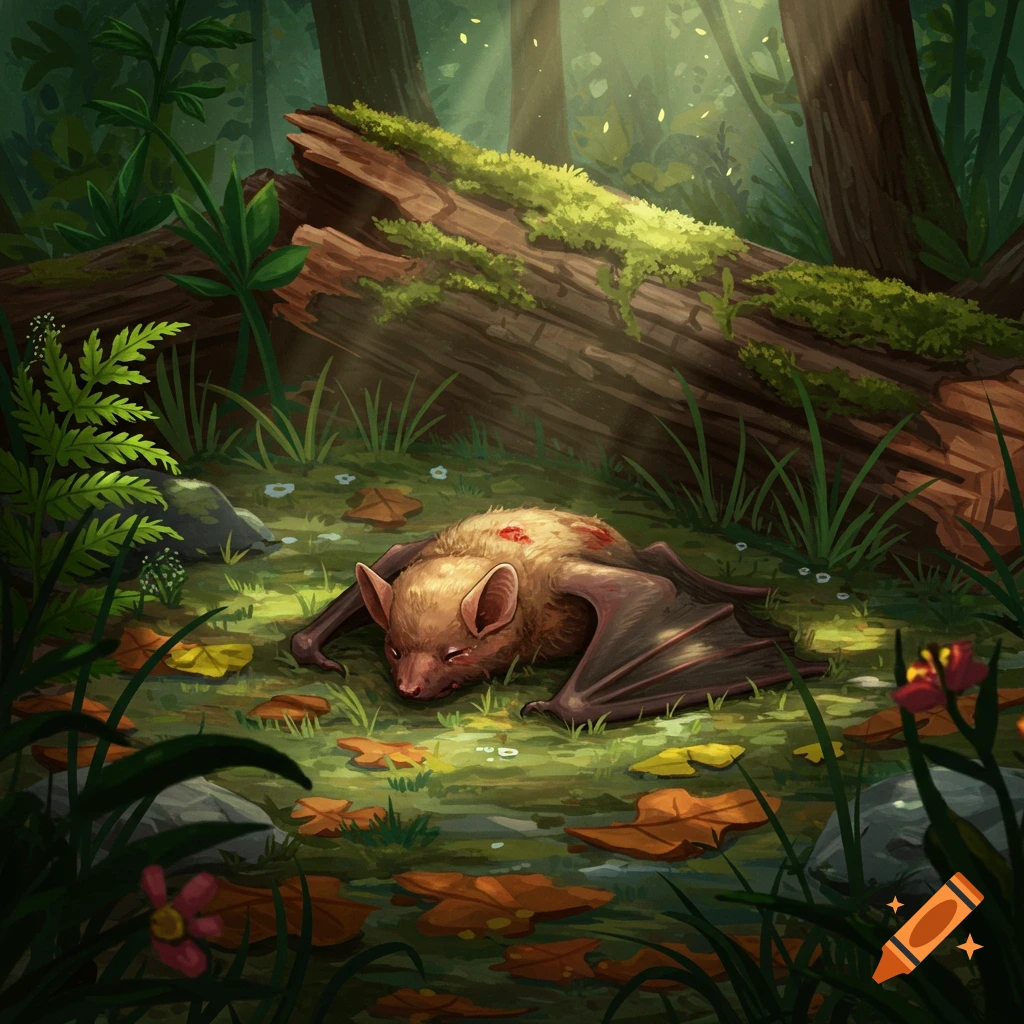 An injured brown bat rests on a mossy forest floor with fallen leaves, sunlight filters through the trees, in an illustrative style.