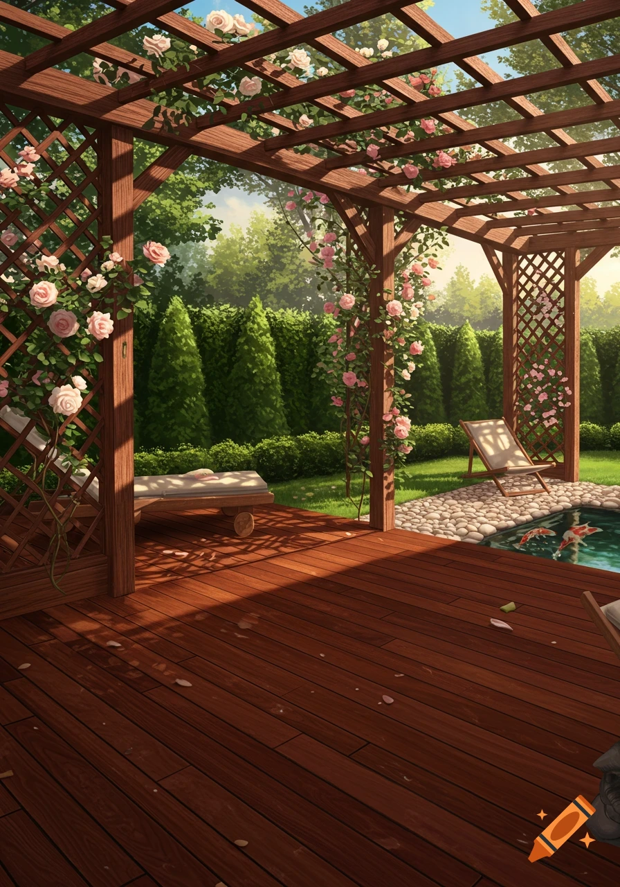Digital painting of a wooden pergola and deck with pink roses, overlooking a garden with a koi pond.