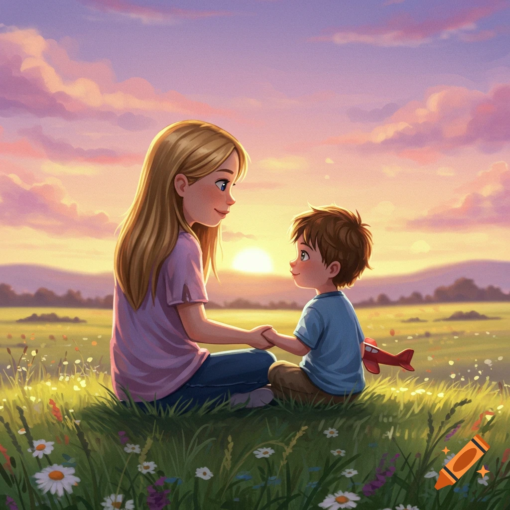A cartoon illustration of a big sister and little brother sitting in a grassy field at sunset, holding hands and looking at each other.
