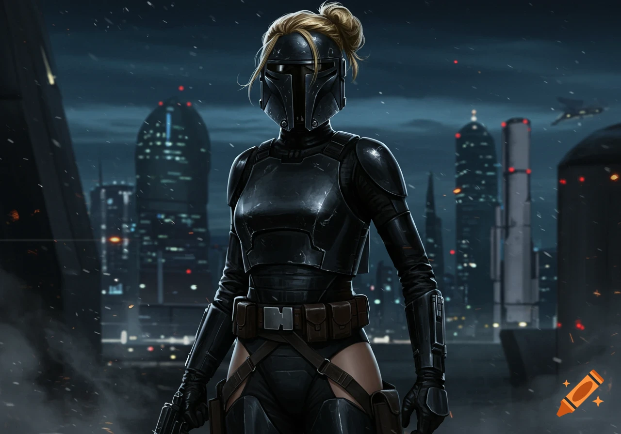 Female bounty hunter in black Imperial Death Trooper armor with blonde hair in a bun, standing confidently in a moody sci-fi city at night.