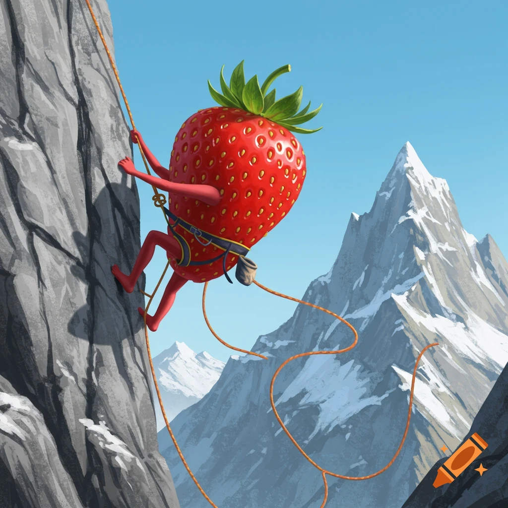 A cartoon strawberry with arms and legs, wearing a climbing harness, scales a rocky mountain face with snow-capped peaks in the background under a blue sky.