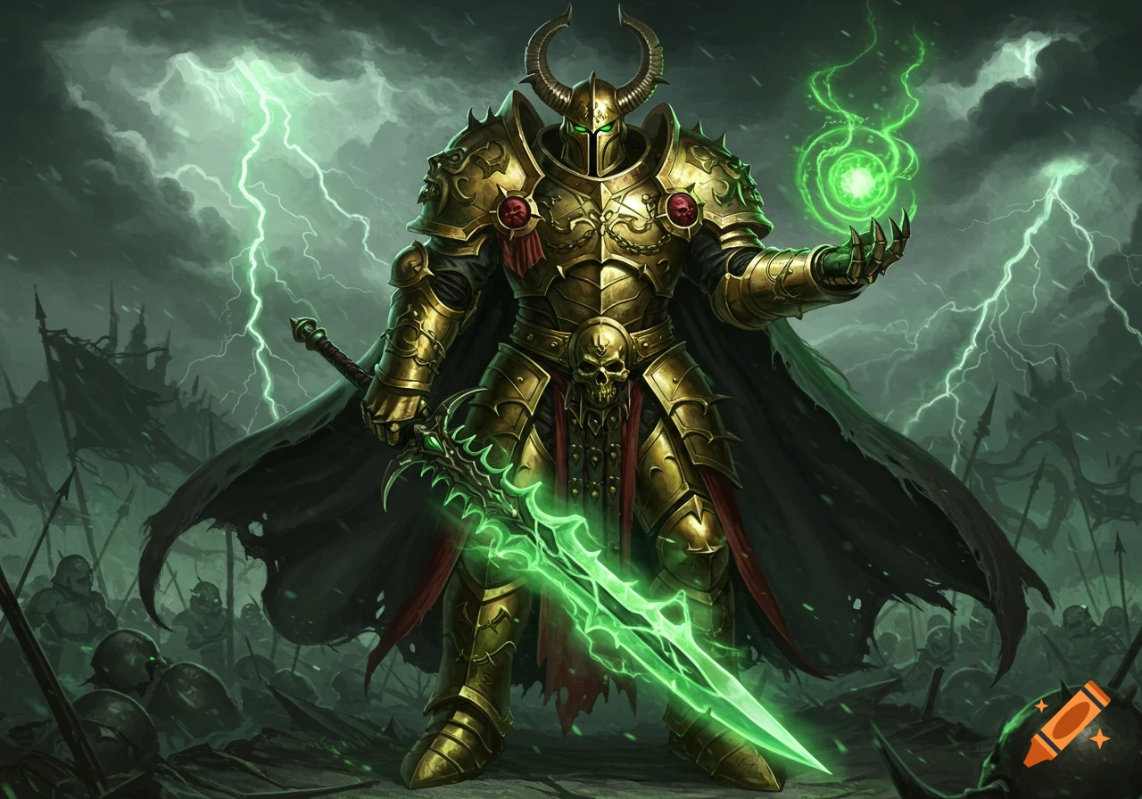 A powerful fantasy warrior in golden armor and a black cloak wields a glowing green sword and magic on a dark, lightning-struck battlefield.