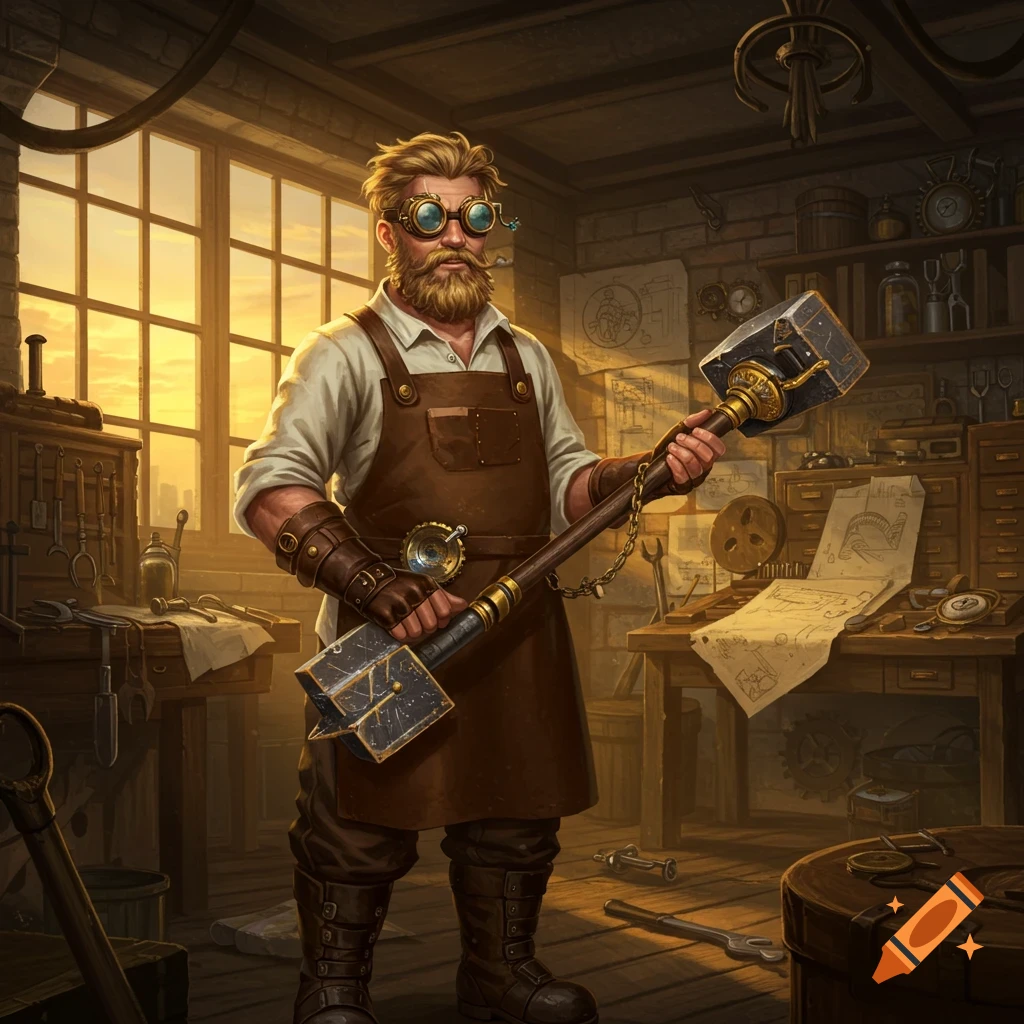 A bearded man in steampunk goggles and a leather apron holds an intricate, mechanical hammer in a sunlit workshop filled with tools and blueprints.