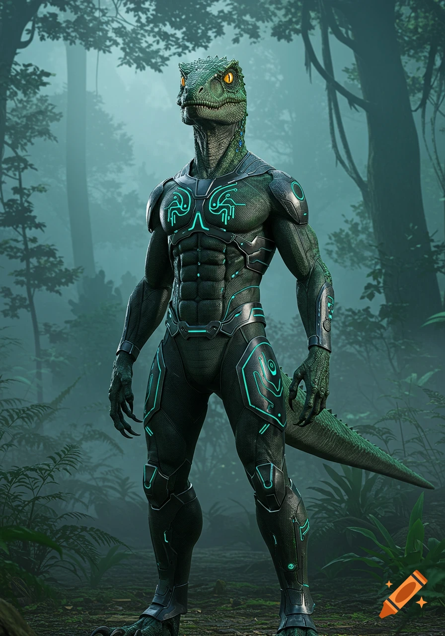 A green, scaly humanoid raptor-like creature stands in a misty forest, wearing dark futuristic armor with glowing cyan circuit patterns.
