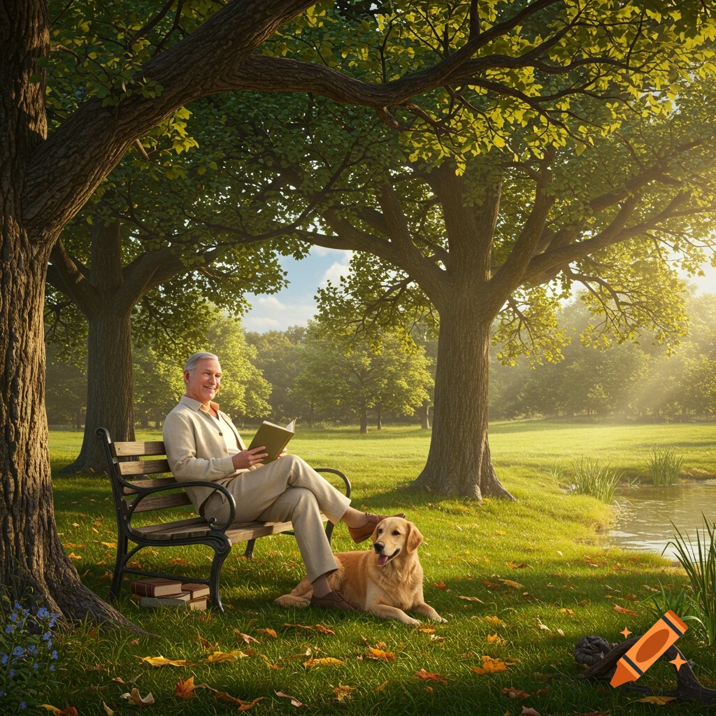 A photorealistic image of an elderly man reading on a park bench under a tree, with a golden retriever lying beside him.