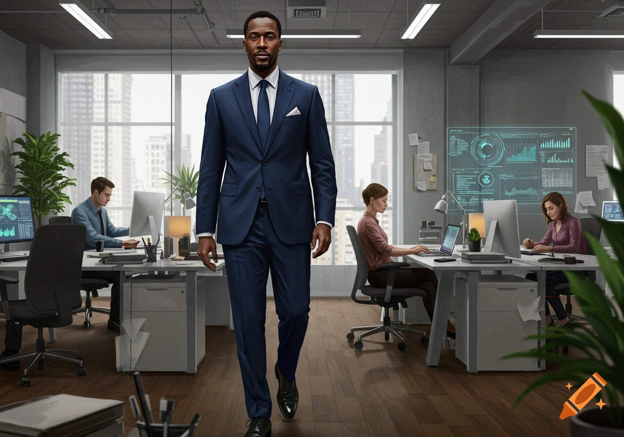 A man in a navy suit walks through a modern, bright office with other employees working.