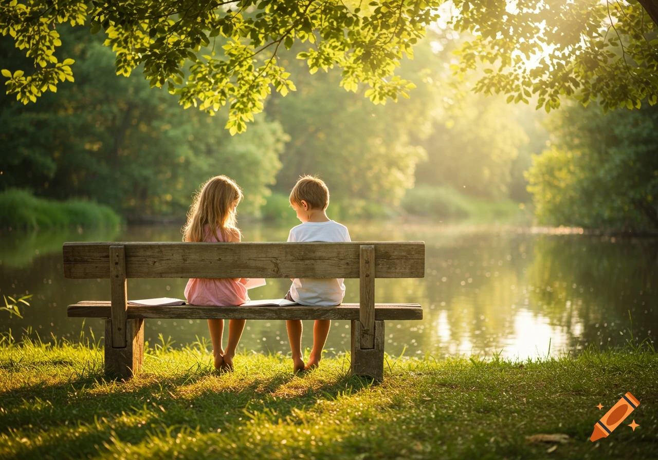 Two children sit on a wooden bench by a sunlit river, surrounded by lush green trees and grass.