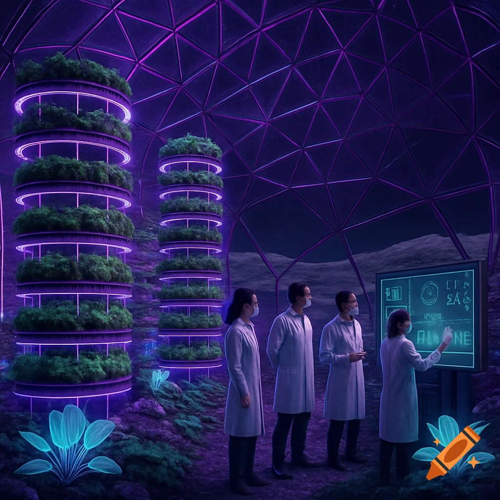Scientists in lab coats observing a digital monitoring board inside a futuristic moon plant growing chamber with purple LED lighting and vertical gardens in a geodesic dome.