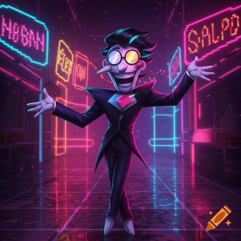 Spamton, a cartoon character, grins widely with open arms in a vibrant, dark, neon-lit futuristic setting.