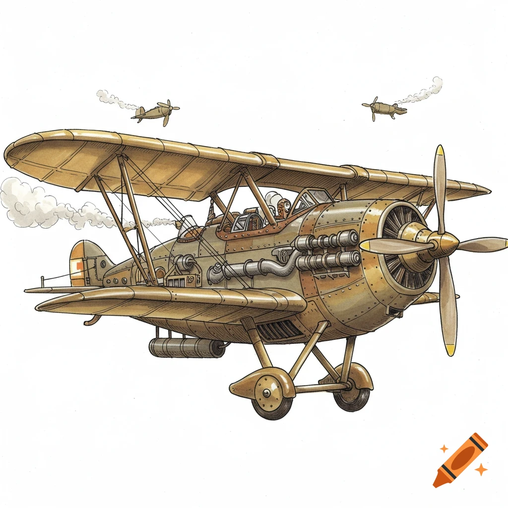 Detailed Ghibli-style illustration of a steampunk biplane flying, with two smaller planes in the background on a white background.