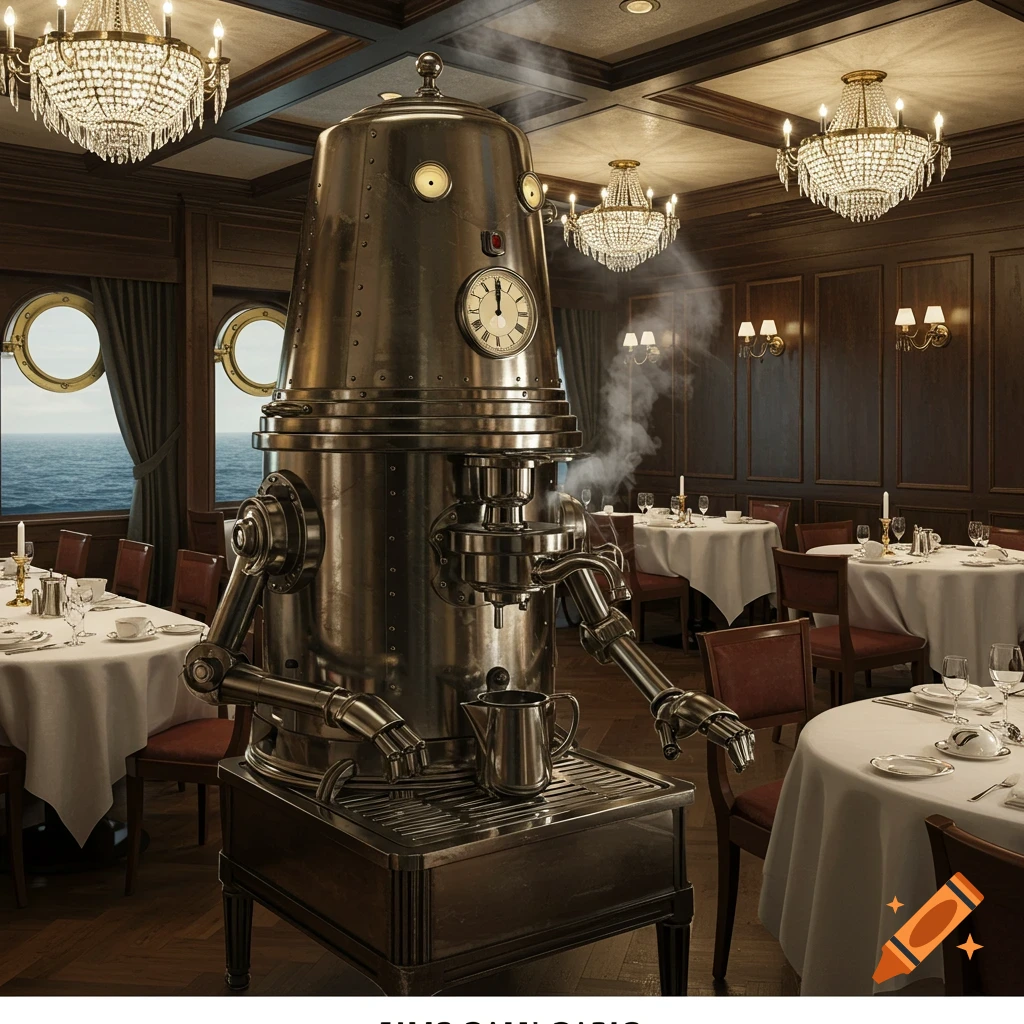 A steampunk coffee-making robot steams in a luxurious dining room on a ship with portholes overlooking the ocean.