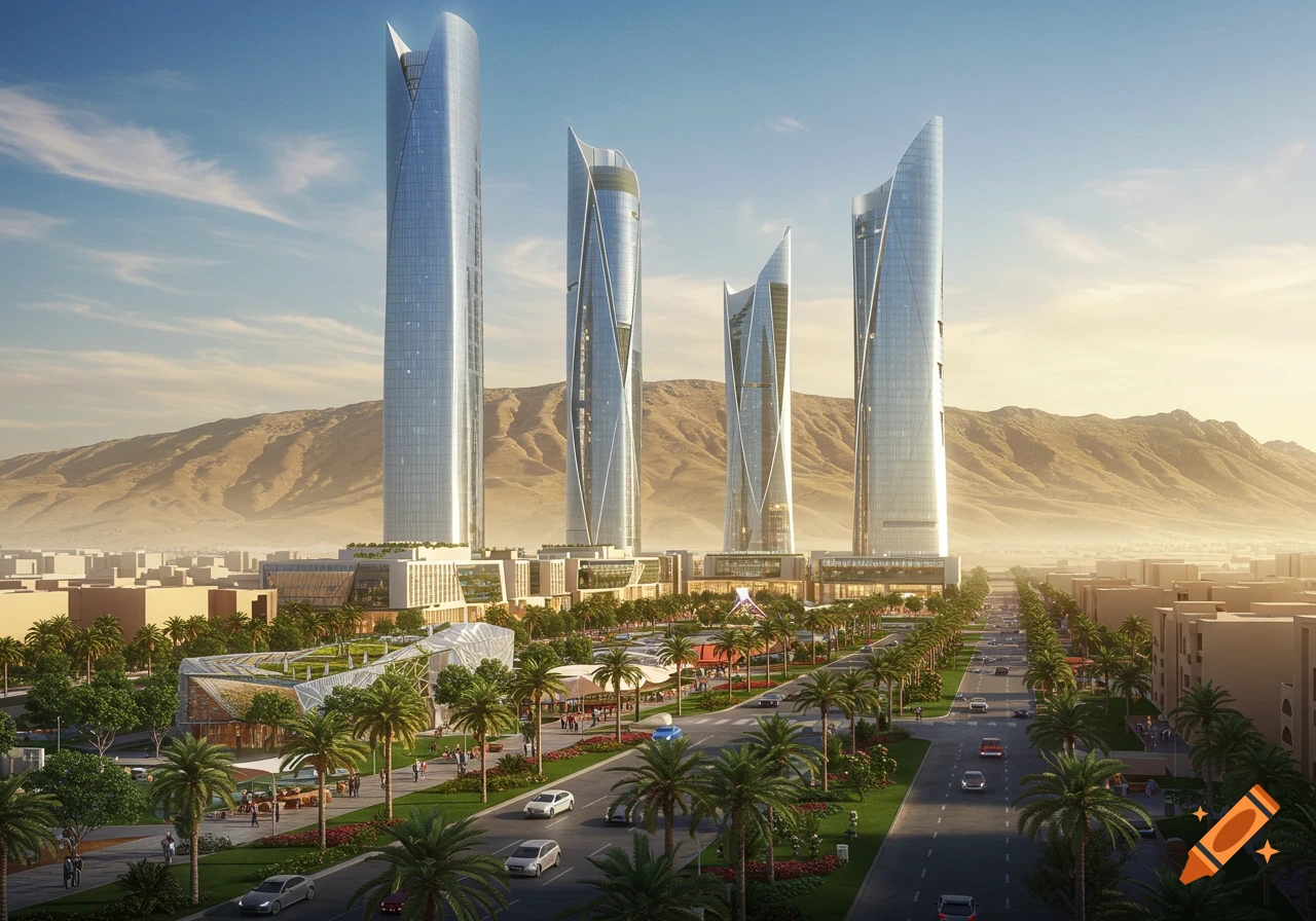 Photorealistic image of a futuristic city with four tall skyscrapers, a wide boulevard with palm trees, and mountains in the background.