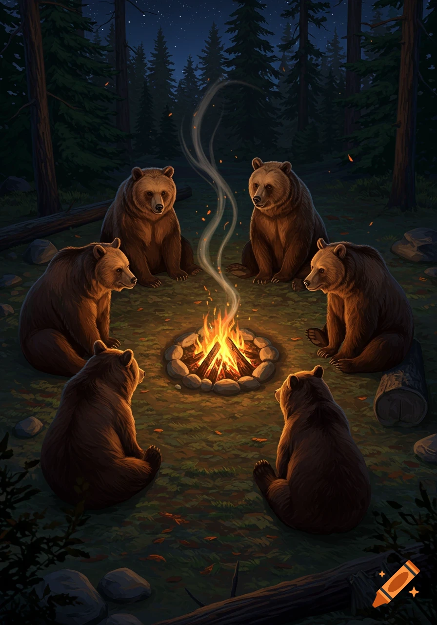 Six brown bears sit in a circle around a warm campfire in a dark forest at night, illustrated in a charming style.