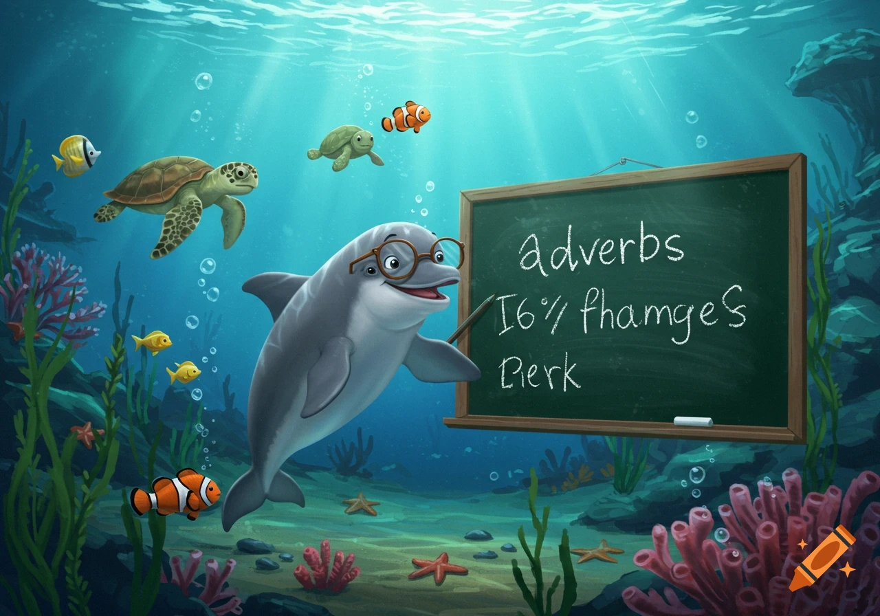 A cartoon dolphin wearing glasses points to a blackboard underwater, surrounded by turtles, clownfish, and coral. The board reads 'adverbs' and gibberish text.