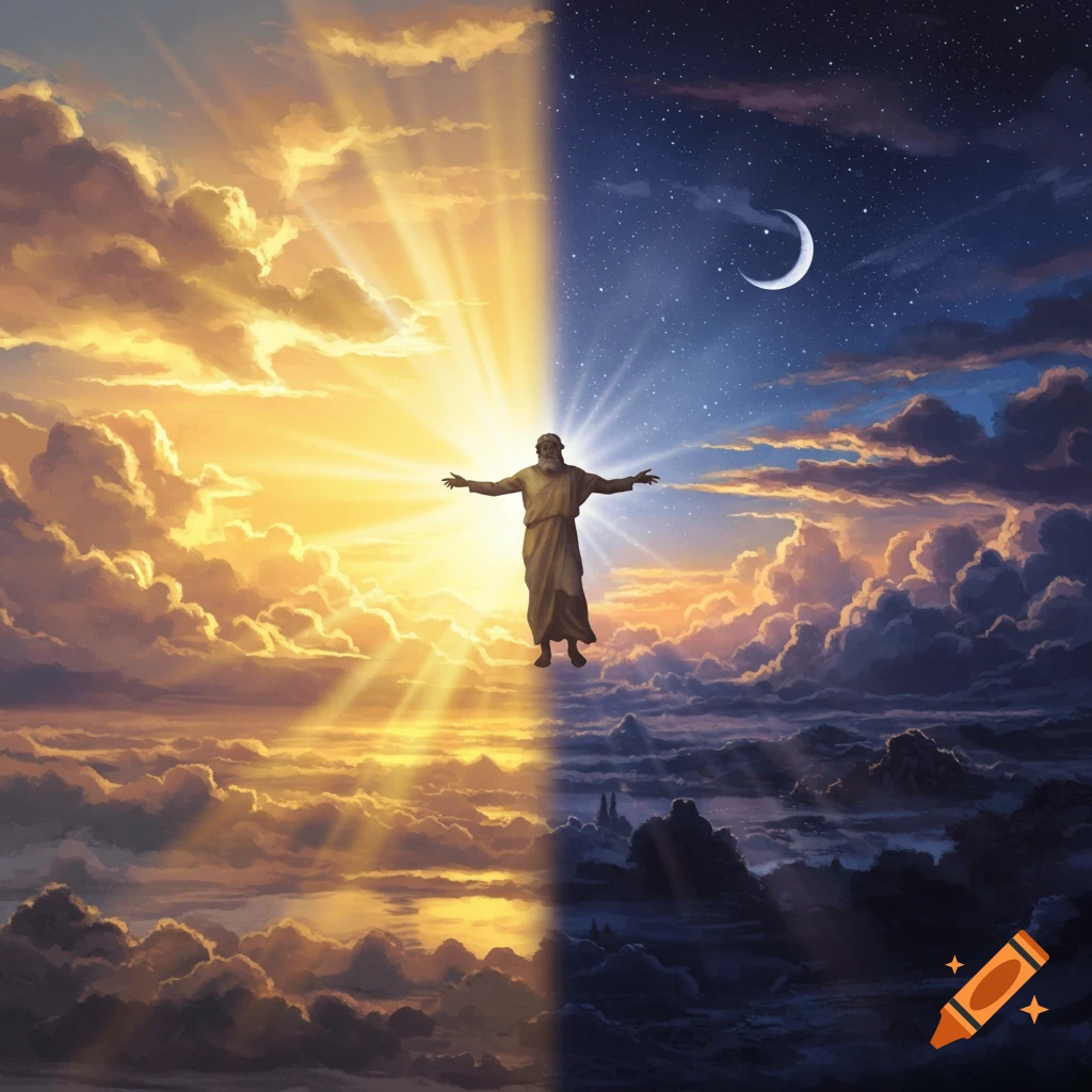 A figure with outstretched arms stands between a bright, cloudy daytime sky and a dark, starry night sky with a crescent moon.