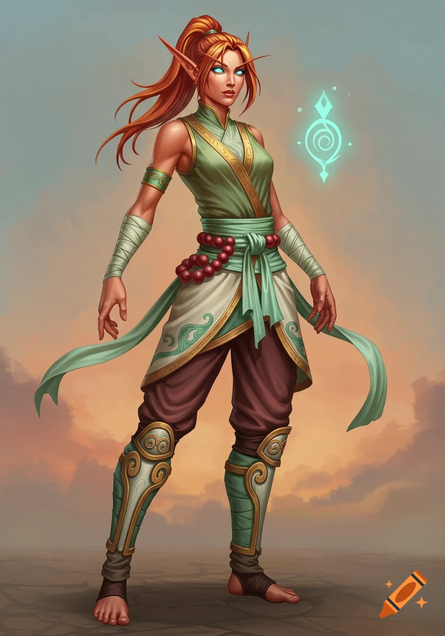 Digital painting of a red-haired elf woman in green monk robes, standing serenely with a glowing symbol beside her head.