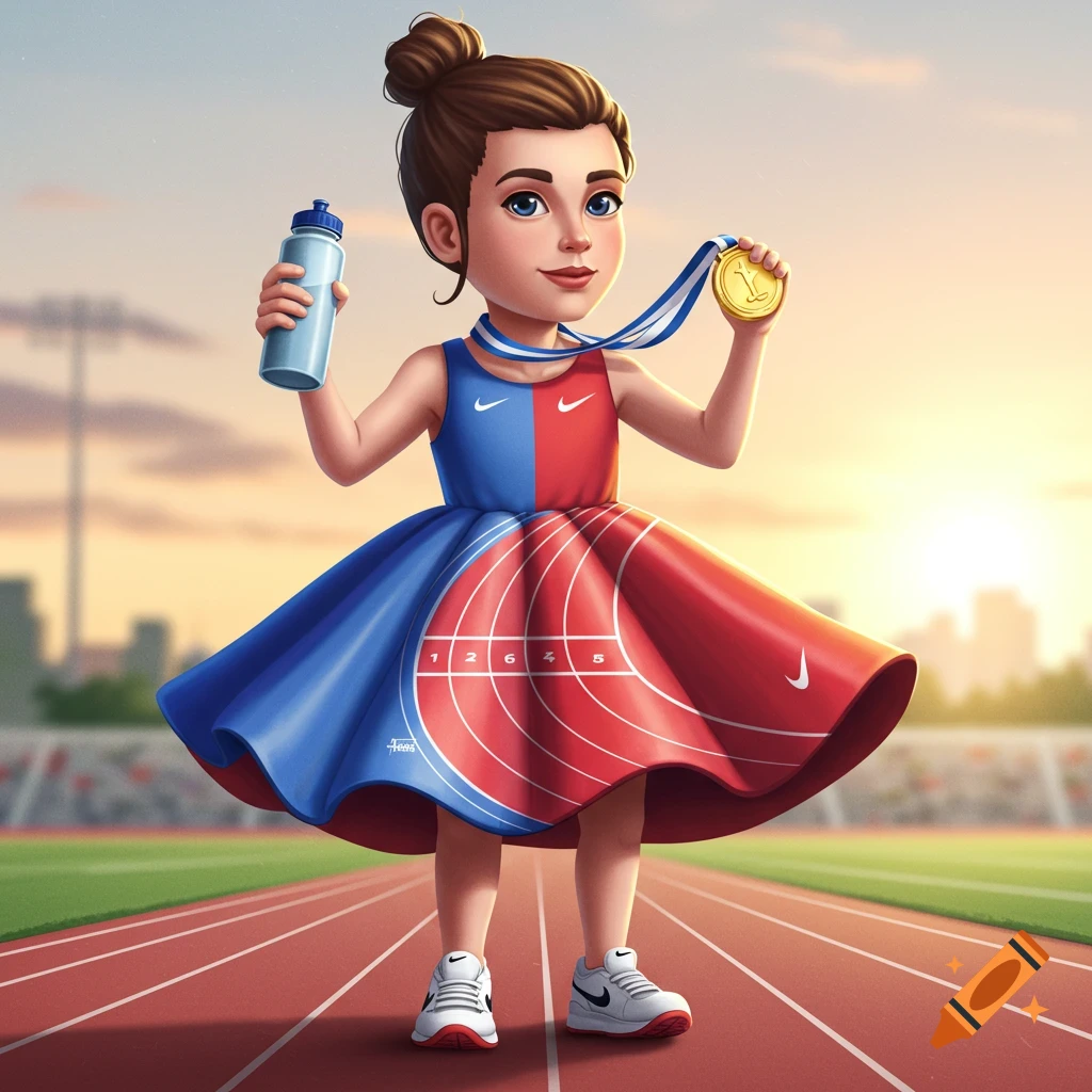 A smiling cartoon girl in a blue and red sports dress with a running track design, holding a water bottle and a gold medal on a track field.