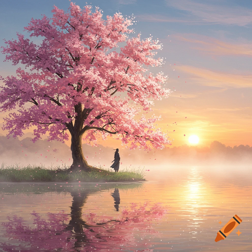 A person stands under a large pink cherry blossom tree on a small island in a misty lake, with a sunset reflecting on the water in a digital painting style.