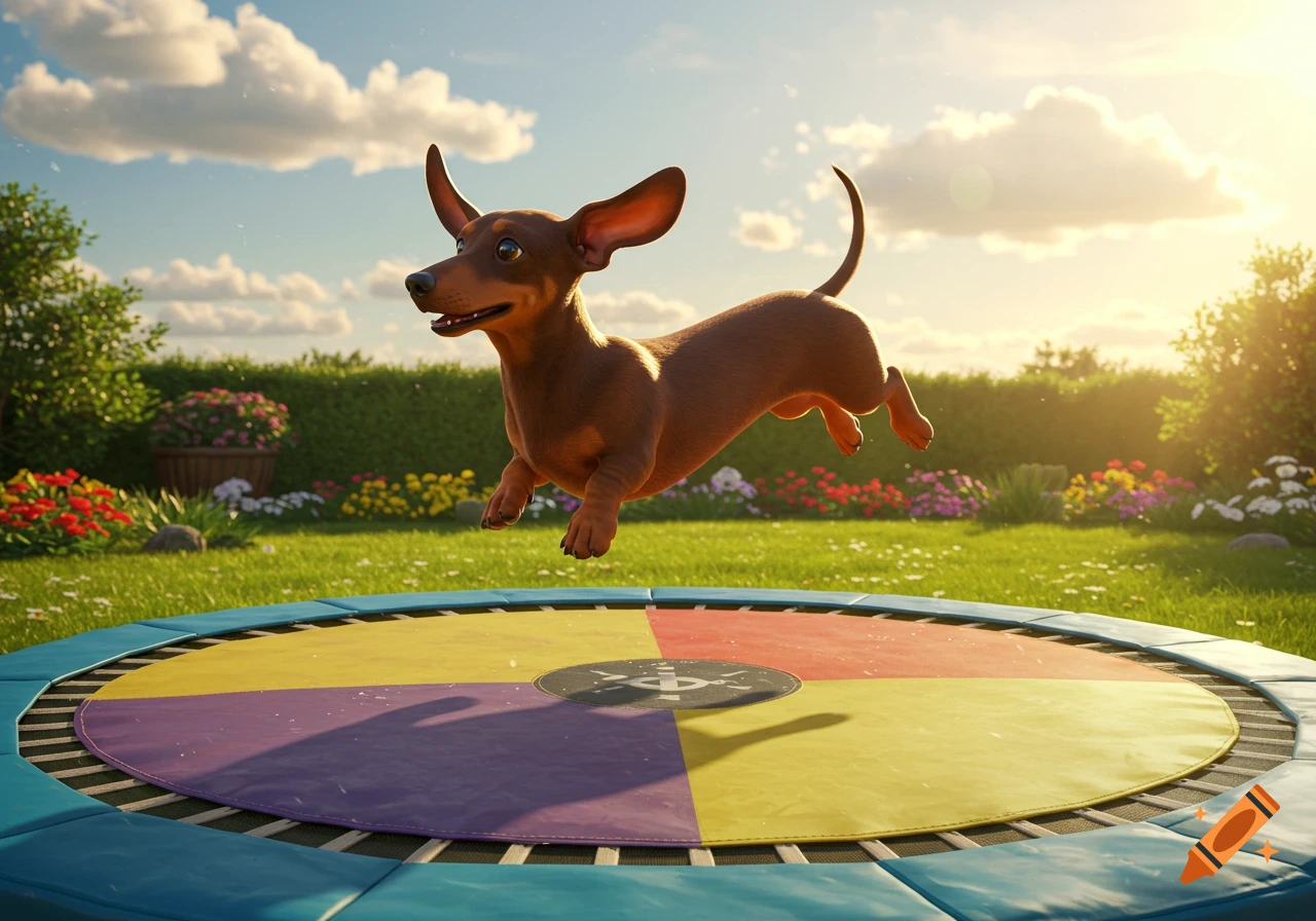A happy, animated dachshund dog jumps high on a colorful trampoline in a sunny backyard.