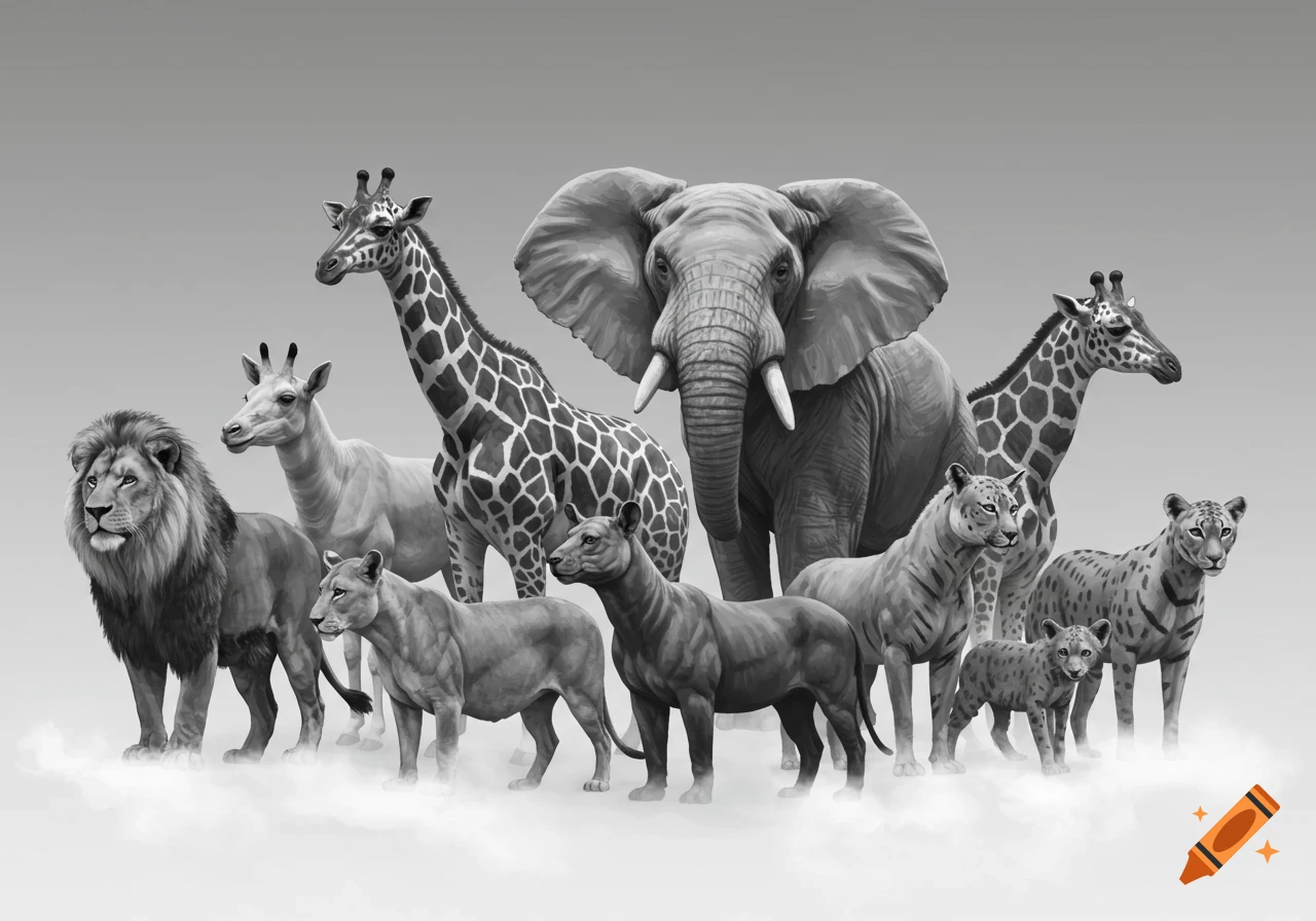 Black and white illustration of an elephant, giraffes, lions, and big cats standing on mist.