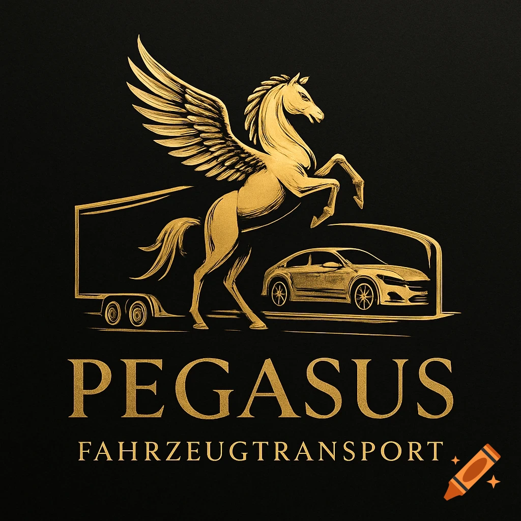 Golden Pegasus logo with a car in a trailer and the text 'Pegasus Fahrzeugtransport' on a black background.