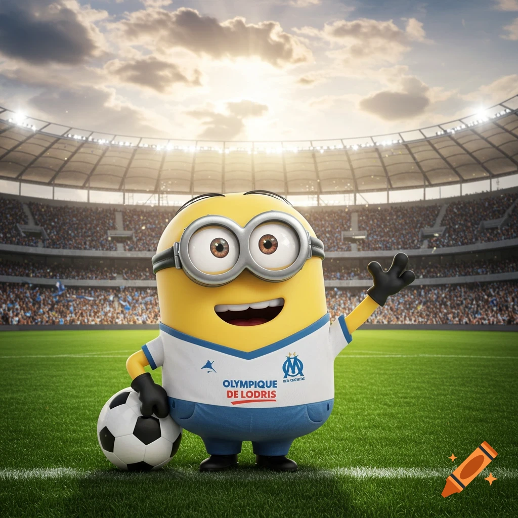 A cheerful Minion in a white and blue football jersey holds a soccer ball in a stadium, raising a hand.