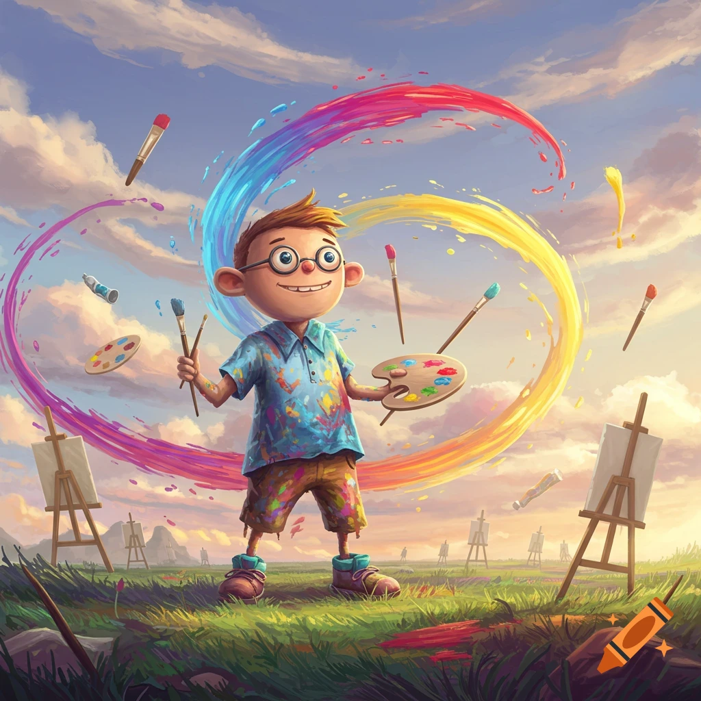 A cheerful cartoon boy, covered in paint, holds a palette and brushes amidst colorful paint swirls and easels in a grassy field.