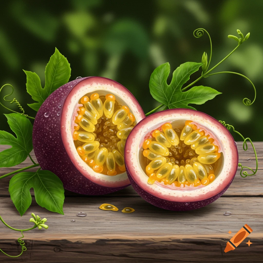 Two halves of a ripe passionfruit, showing vibrant yellow seeds, on a wooden surface with green leaves and water droplets.