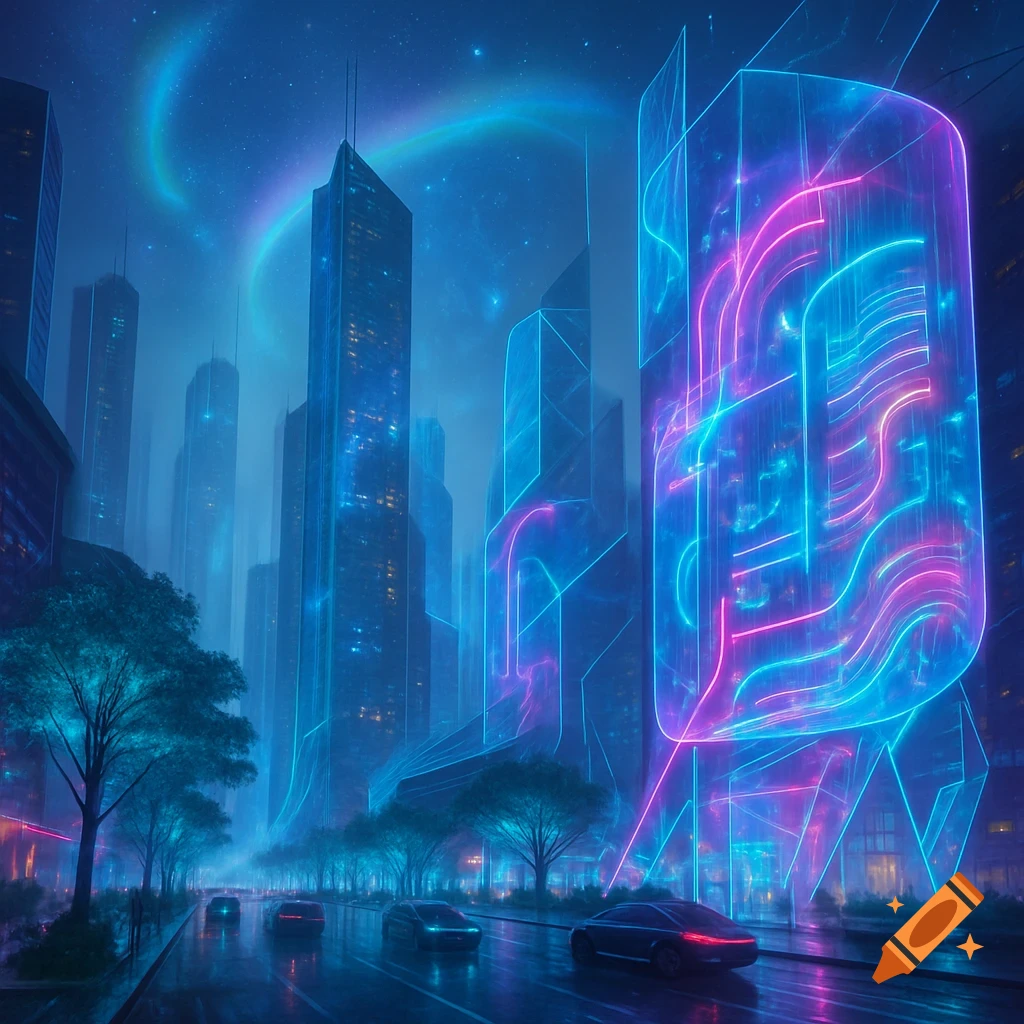 Vibrant sci-fi city street at night with neon-lit skyscrapers, cars on a wet road, glowing trees, and a starry blue sky.