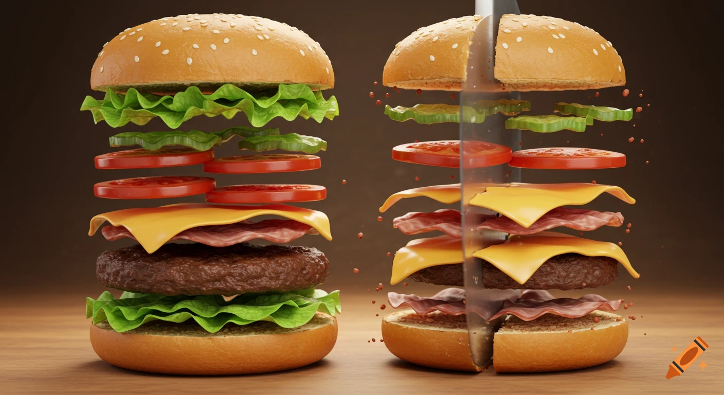 Two photorealistic deconstructed burgers with floating ingredients, one being sliced by a transparent knife.