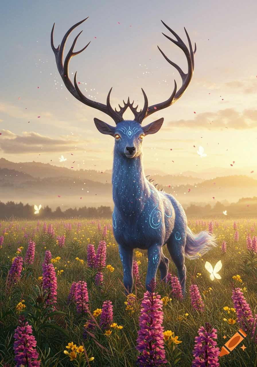 A magical blue deer-like creature with glowing patterns and large antlers stands in a field of pink and yellow flowers at sunset.